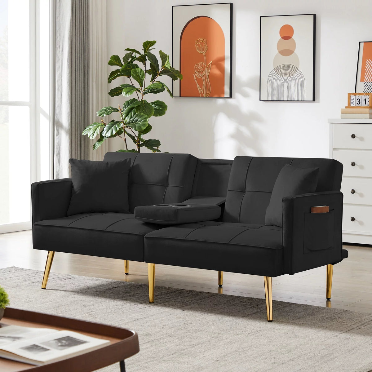 Convertible Sofa Bed with Velvet Fabric and Metal Legs Cream White P445072