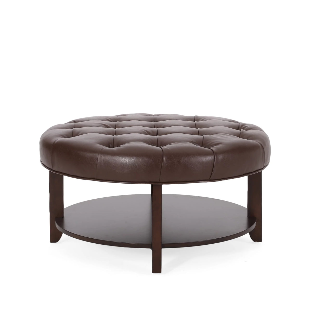 Dark Brown Espresso Faux Leather Tufted Round Ottoman with Open Shelf X3025