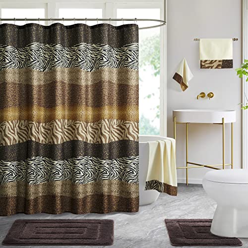 Chocolate Brown Leaf Print Bathroom Rugs, Shower Curtain and Towel Set S49394