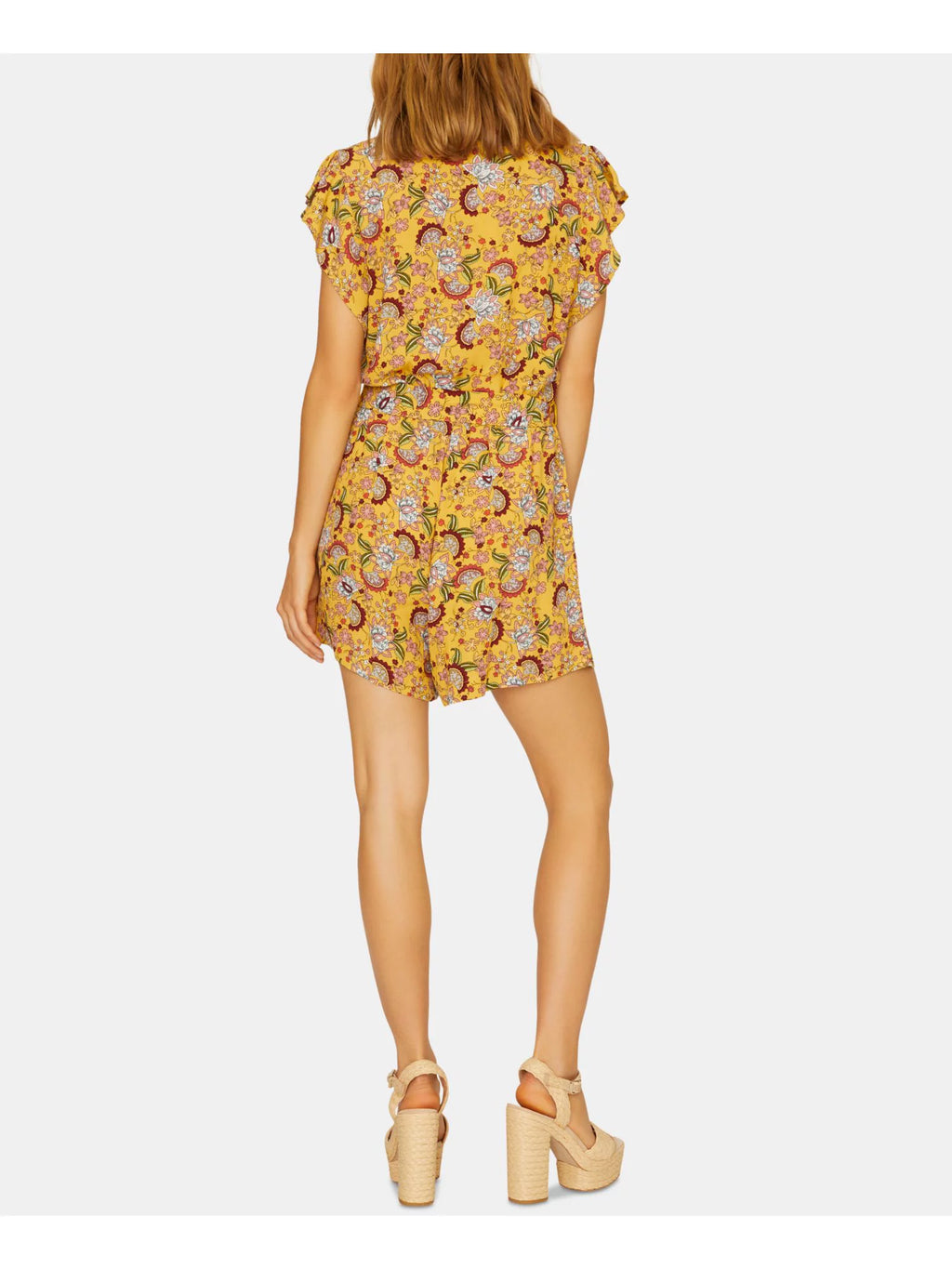 Yellow Floral Cap Sleeve V Neck Romper M354556
