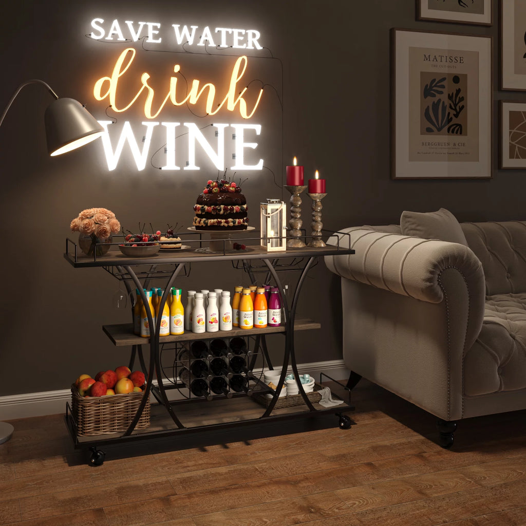 3 Tier Rolling Bar Cart with Wine Rack and Glass Holder Y515986