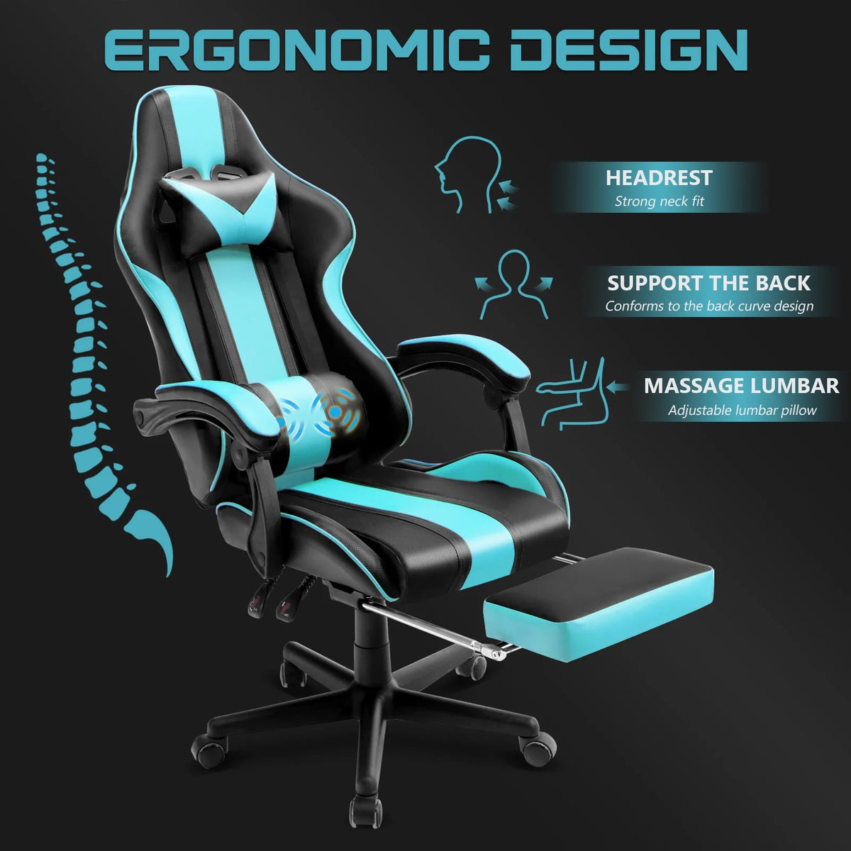 Blue Gaming Chair with Footrest & Massage Lumbar Pillow U258026