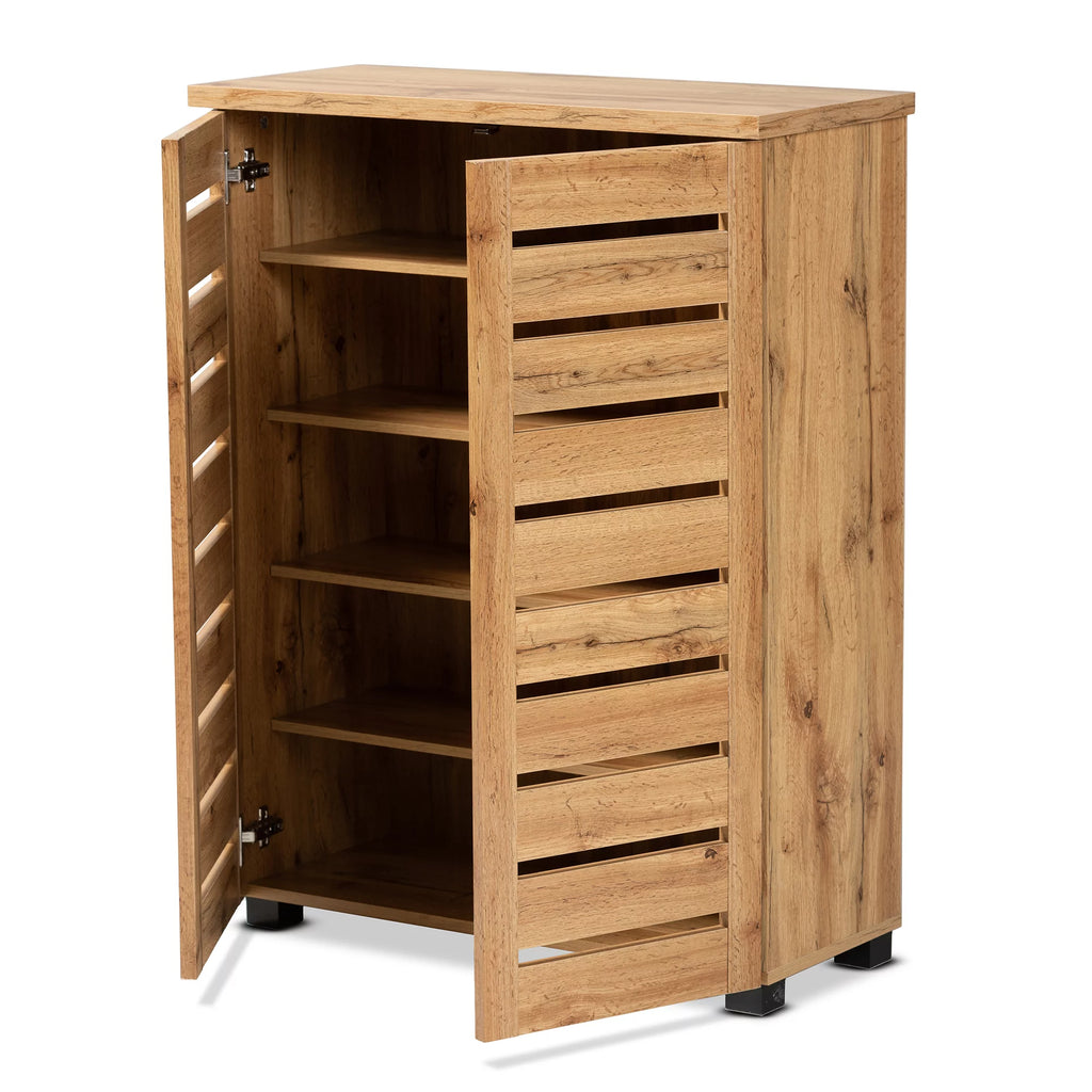 Oak Brown Finished Wood 2-Door Shoe Storage Cabinet N8205