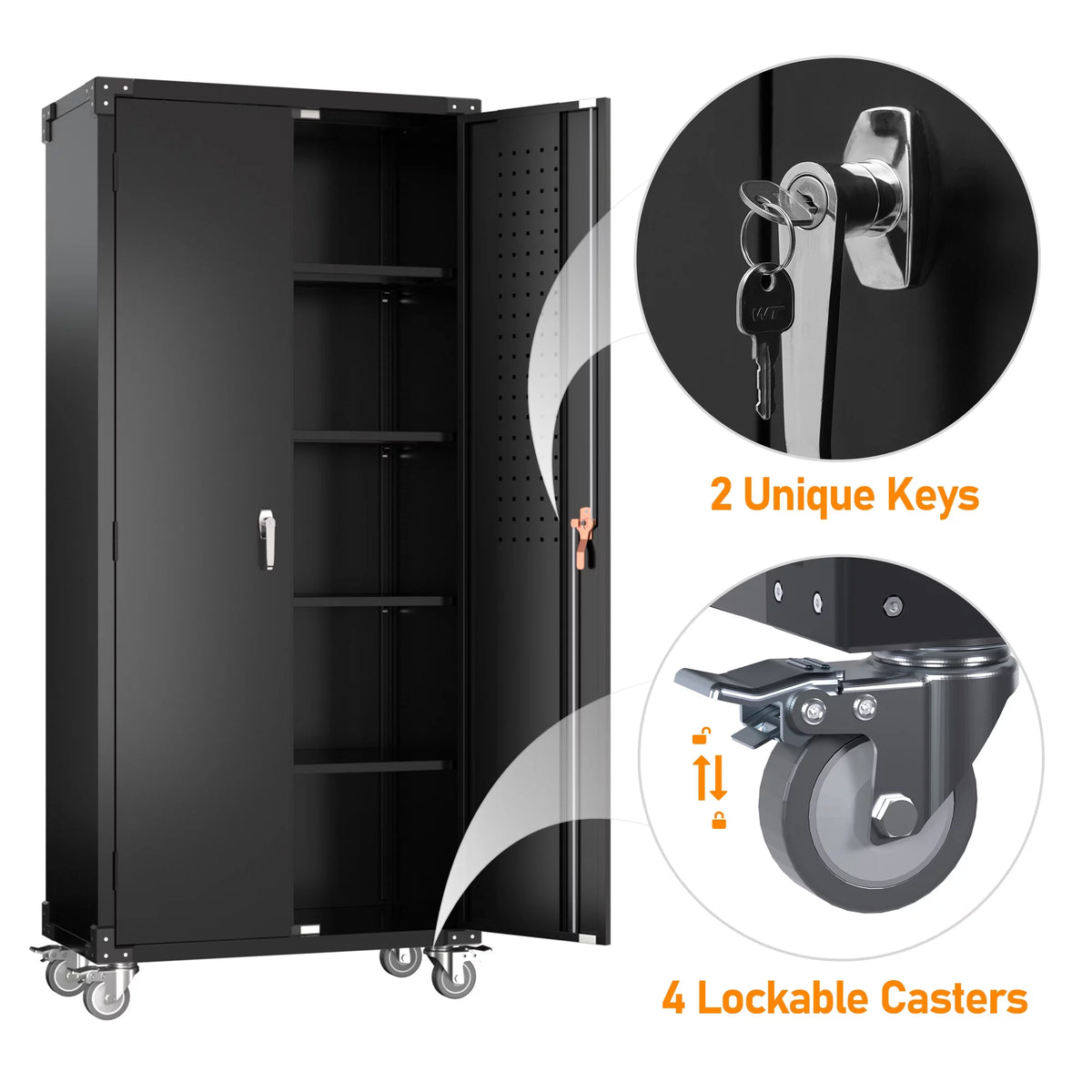 Black Metal Storage Cabinet with Wheels and Pegboard I127