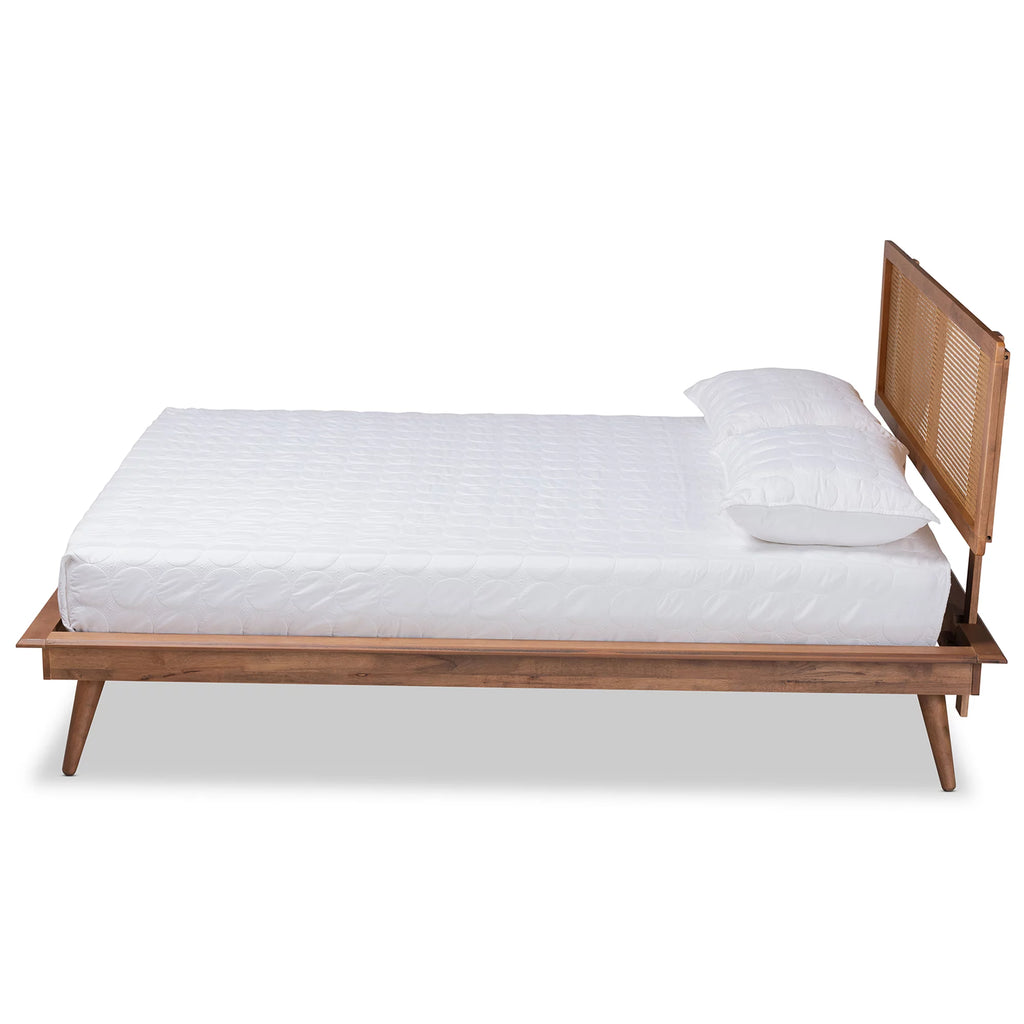 Walnut Brown Wood and Synthetic Rattan Queen Size Platform Bed N40565