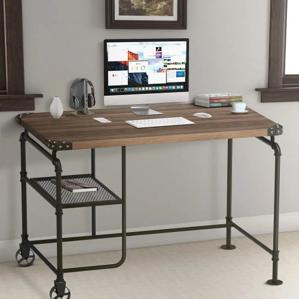 Industrial Metal Writing Desk with Wooden Top I465777