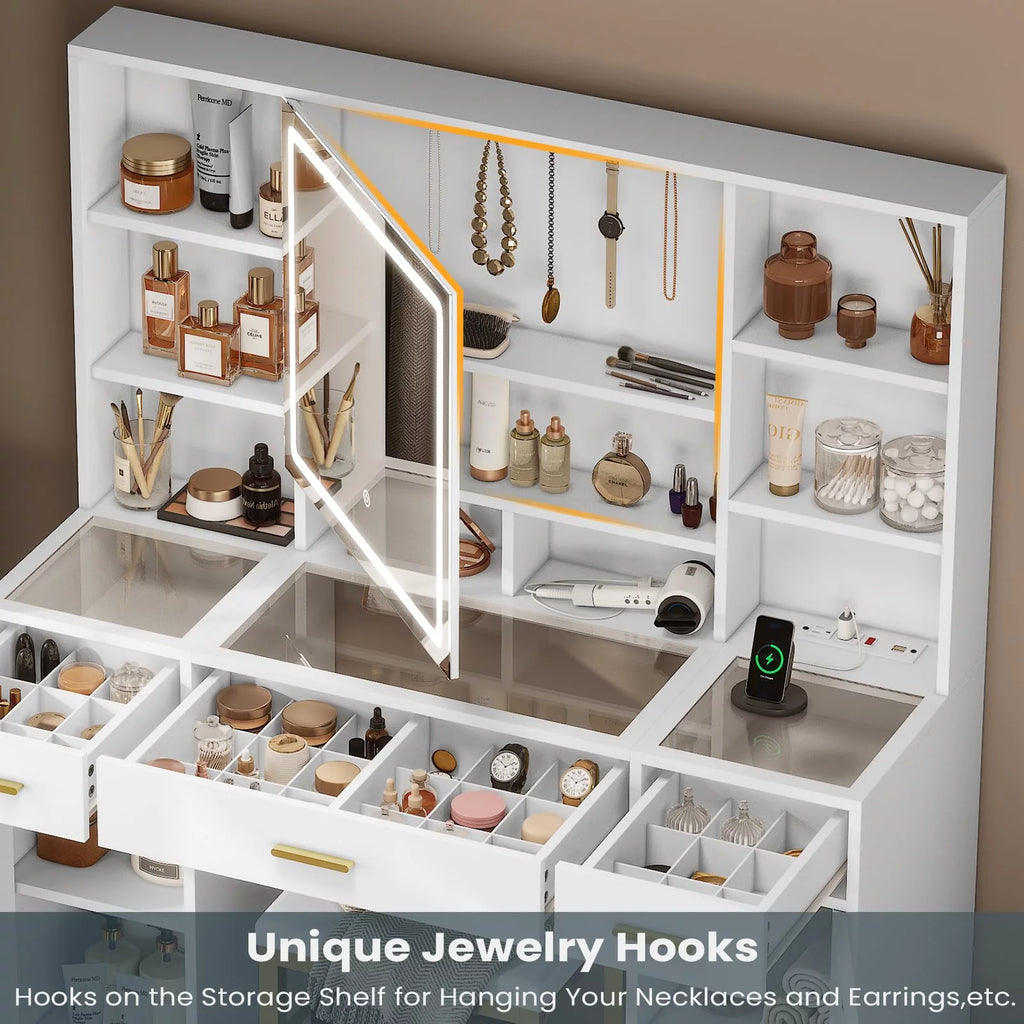 White Makeup Vanity Set with Lights and Mirror A47538