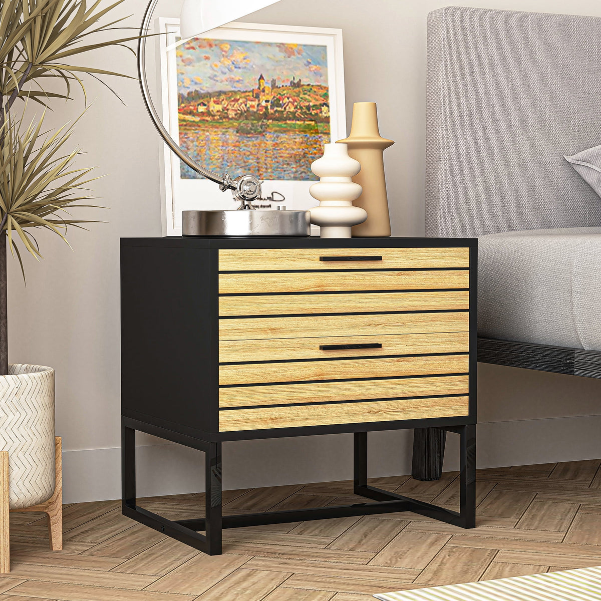2 Tier Wooden Nightstand with Metal Leg K43294