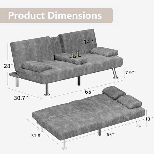 Green Corduroy Futon Sofa Bed with 2 Cup Holders A149