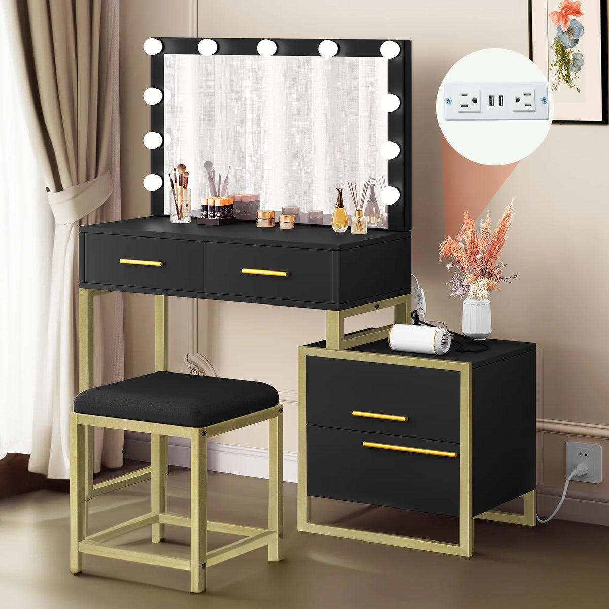 Black Makeup Vanity with Mirror and LED Lights S482841