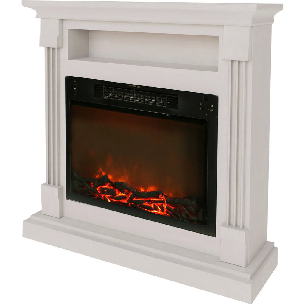 34" Freestanding White Electric Fireplace Heater with Storage Shelf & Remote Control J4860