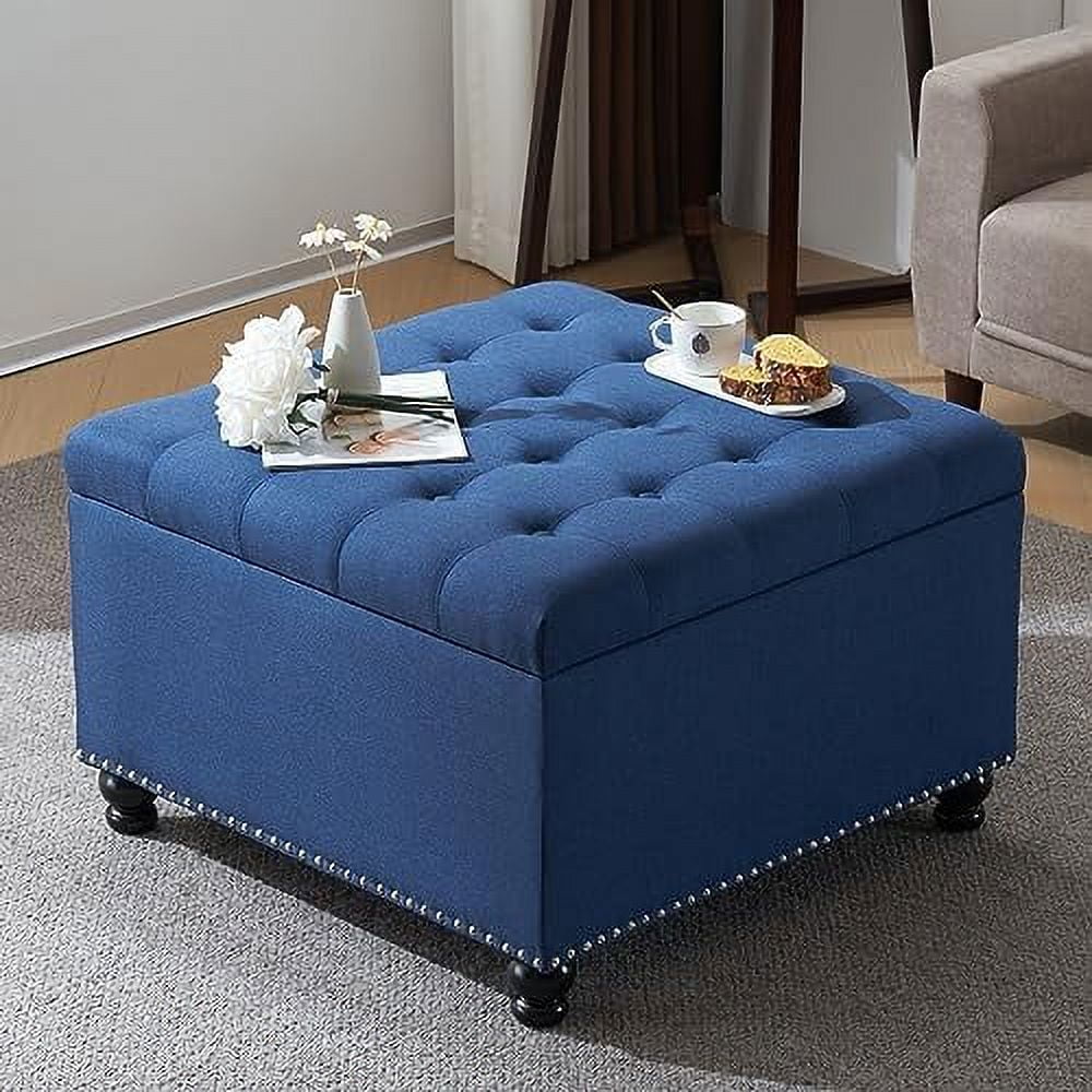 Oversized Linen Ottoman with Wooden Legs A3401