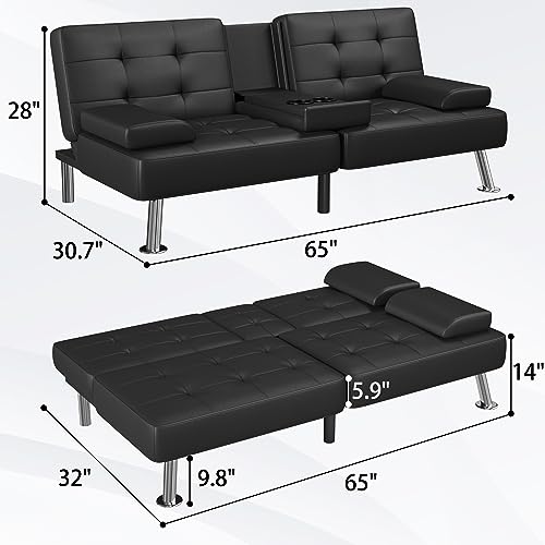 Green Corduroy Futon Sofa Bed with 2 Cup Holders A149