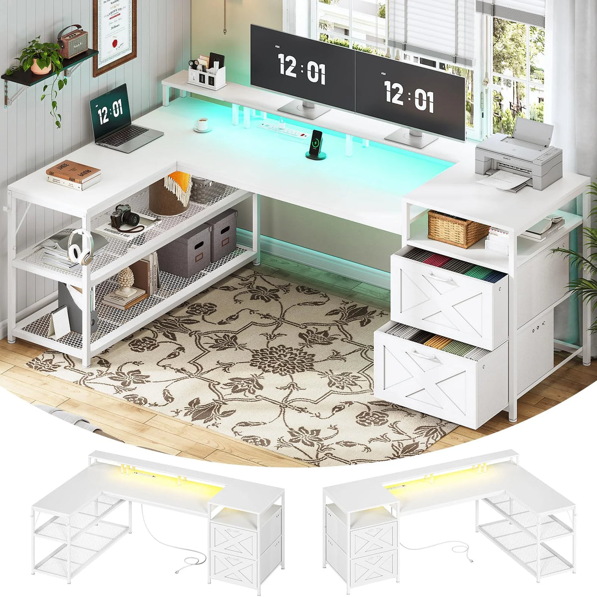 L Shaped Desk with Power Outlet and 2 Drawers, White J113