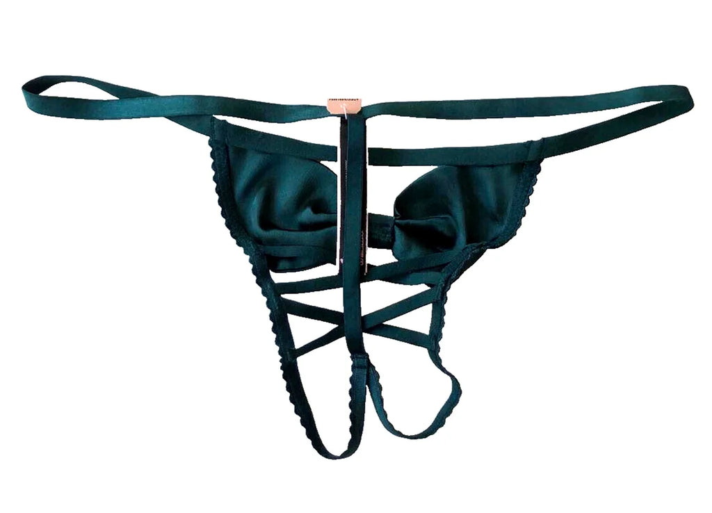 Dark Green Crotchless Satin Bow V-String Panty I60252