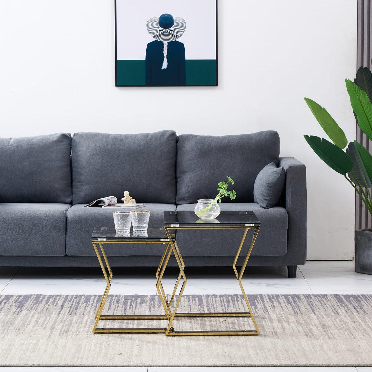 2 Pieces Gold Glass Nesting Tables Stainless Steel Frame Q271108
