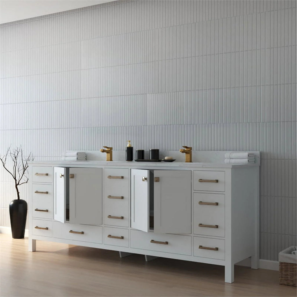 84" Double Sink Bathroom Vanity White Stone Top D623062