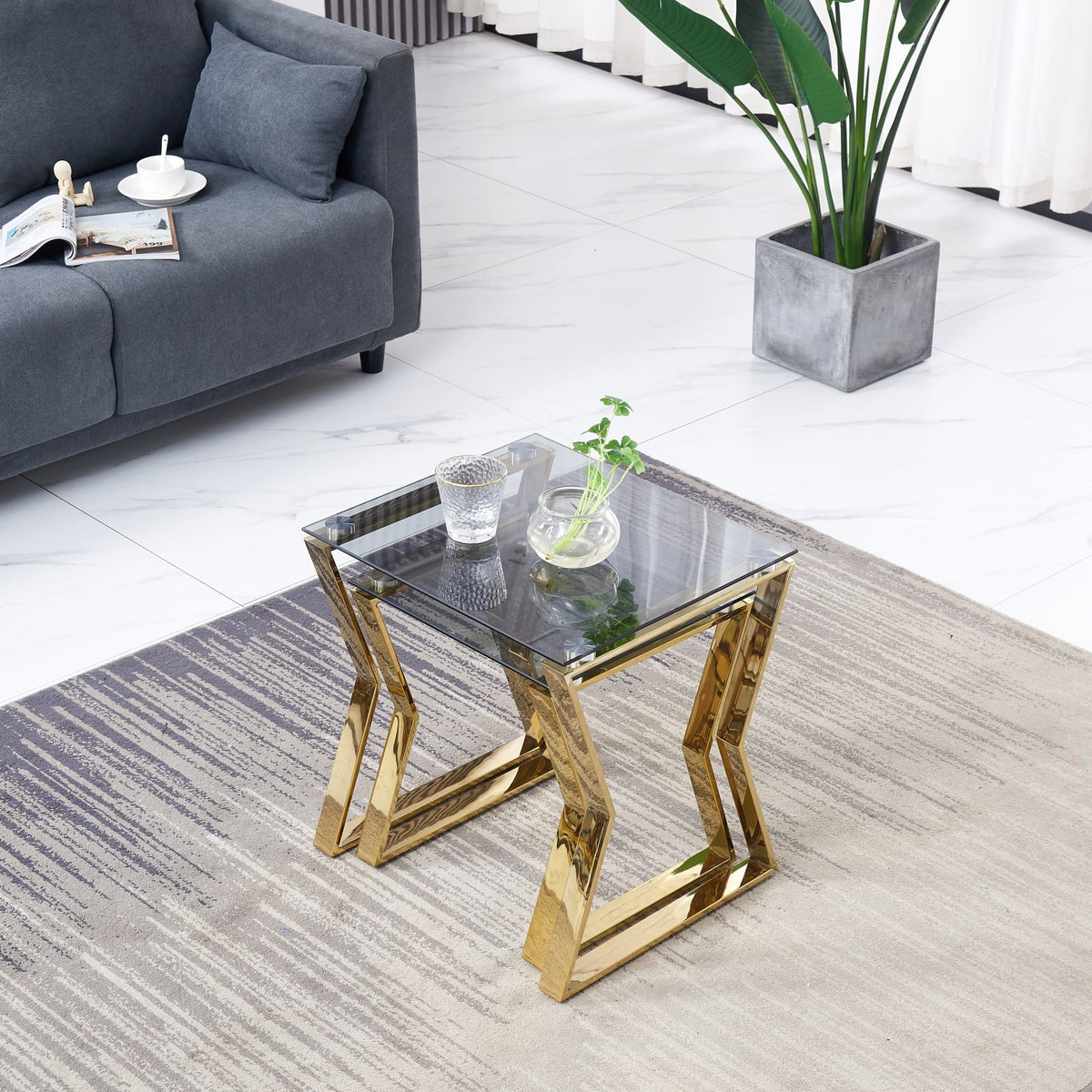 2 Pieces Gold Glass Nesting Tables Stainless Steel Frame Q271108