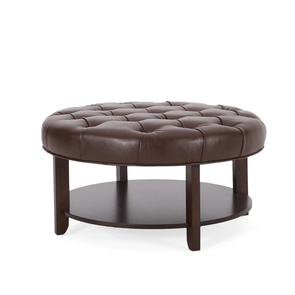 Dark Brown Espresso Faux Leather Tufted Round Ottoman with Open Shelf X3025