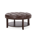 Dark Brown Espresso Faux Leather Tufted Round Ottoman with Open Shelf X3025