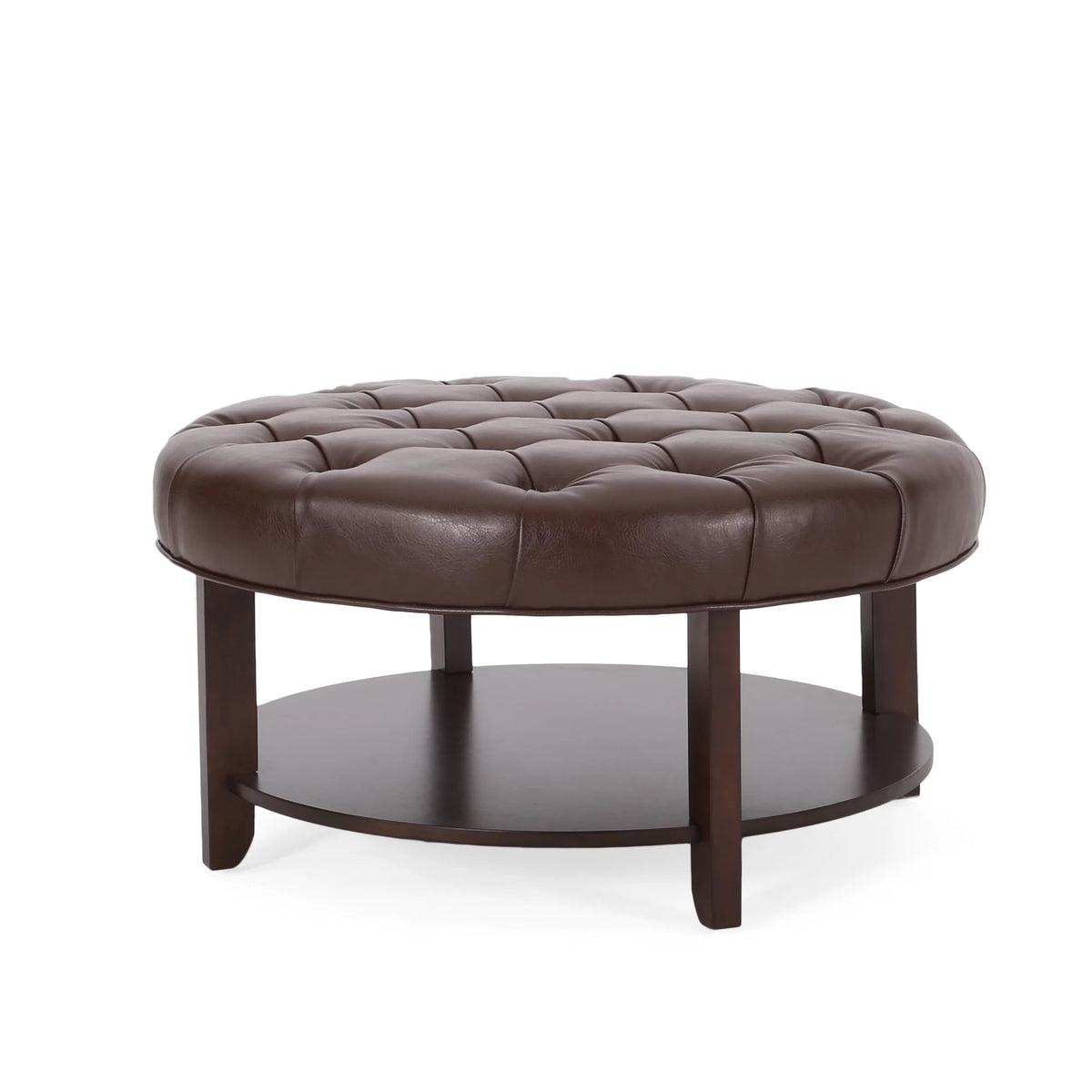 Dark Brown Espresso Faux Leather Tufted Round Ottoman with Open Shelf X3025