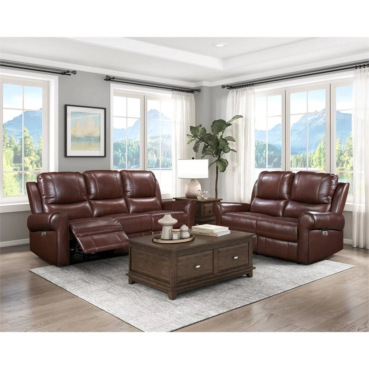 Brown Leather Match Power Double Reclining Love Seat D521