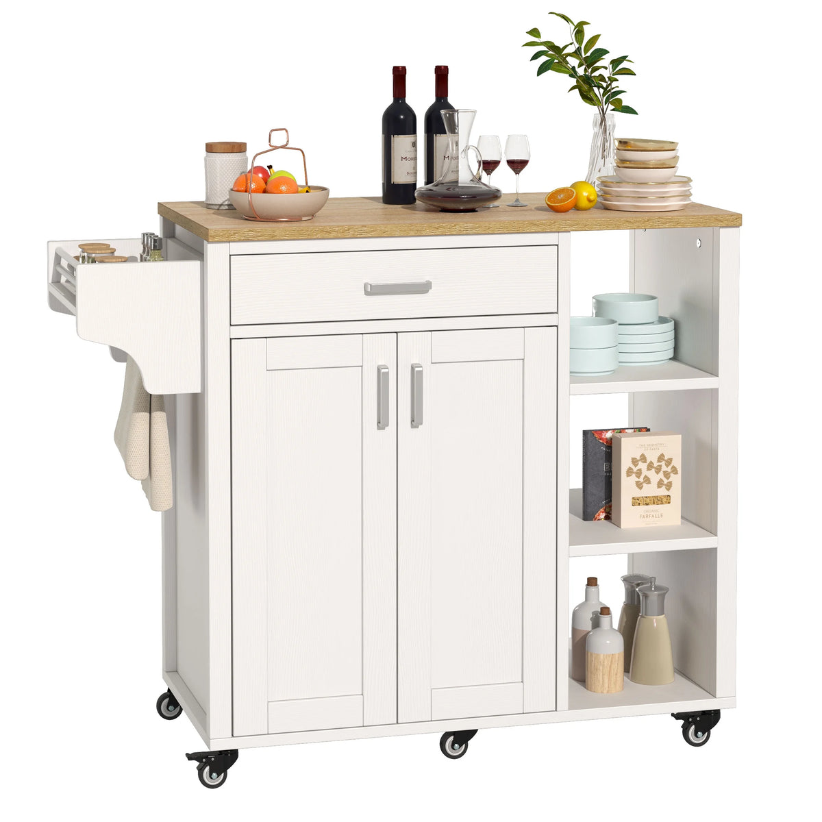 White Kitchen Island Cart with Storage Cabinet and Drawer C156