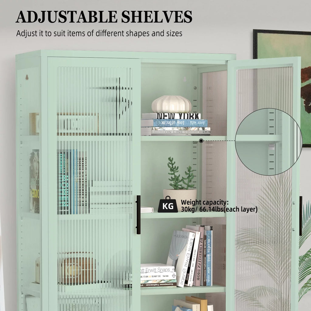Mint green Double Glass Door Adjustable Shelves Cold-Rolled Steel Storage Cabinet S3617