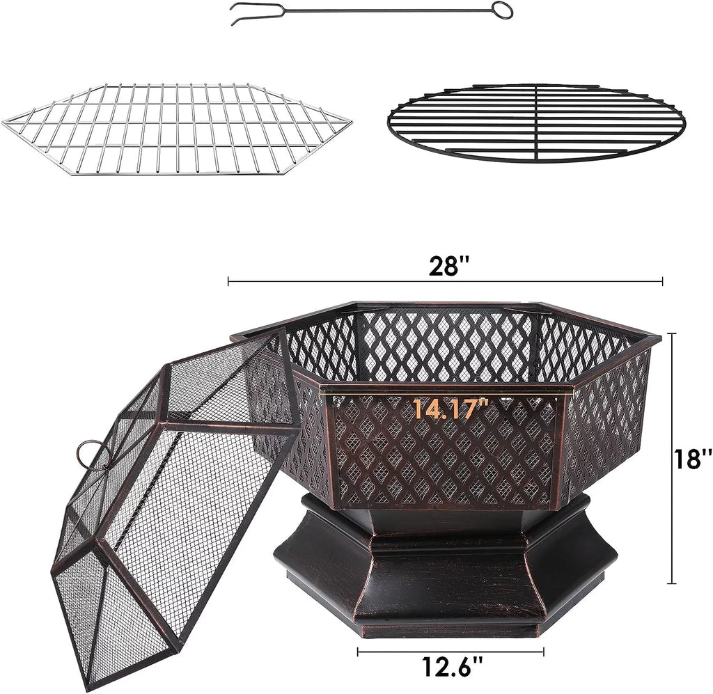 28'' Hex Shaped Steel Wood Burning Fire Pit with Spark Screen & Fire Poker L63982