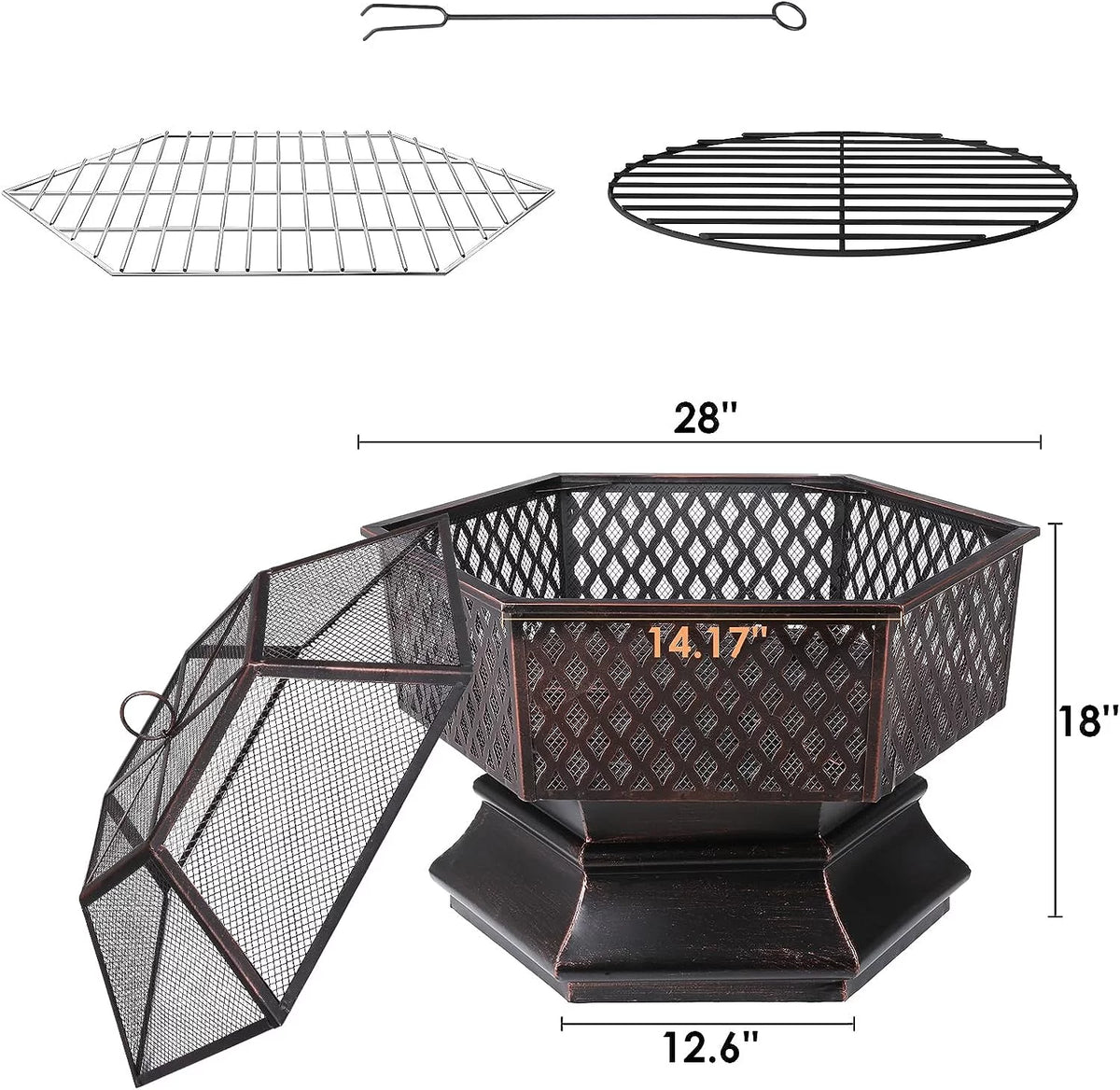 28'' Hex Shaped Steel Wood Burning Fire Pit with Spark Screen & Fire Poker L63982