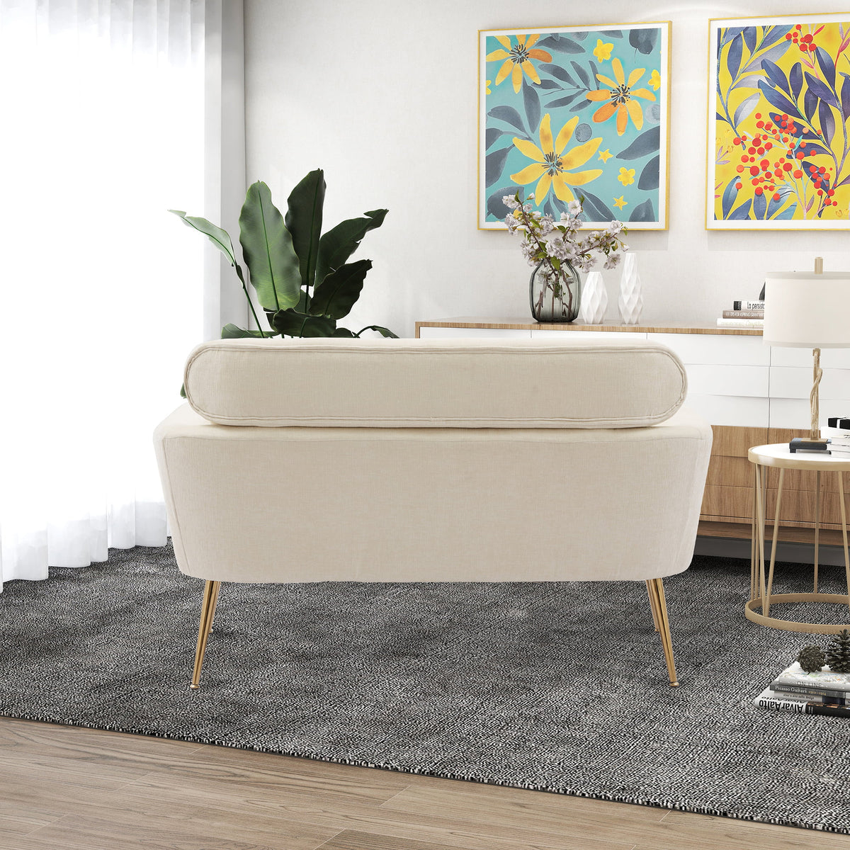Mid Century Modern Chenille Two-Seater Sofa with 2 Throw Pillows A710419
