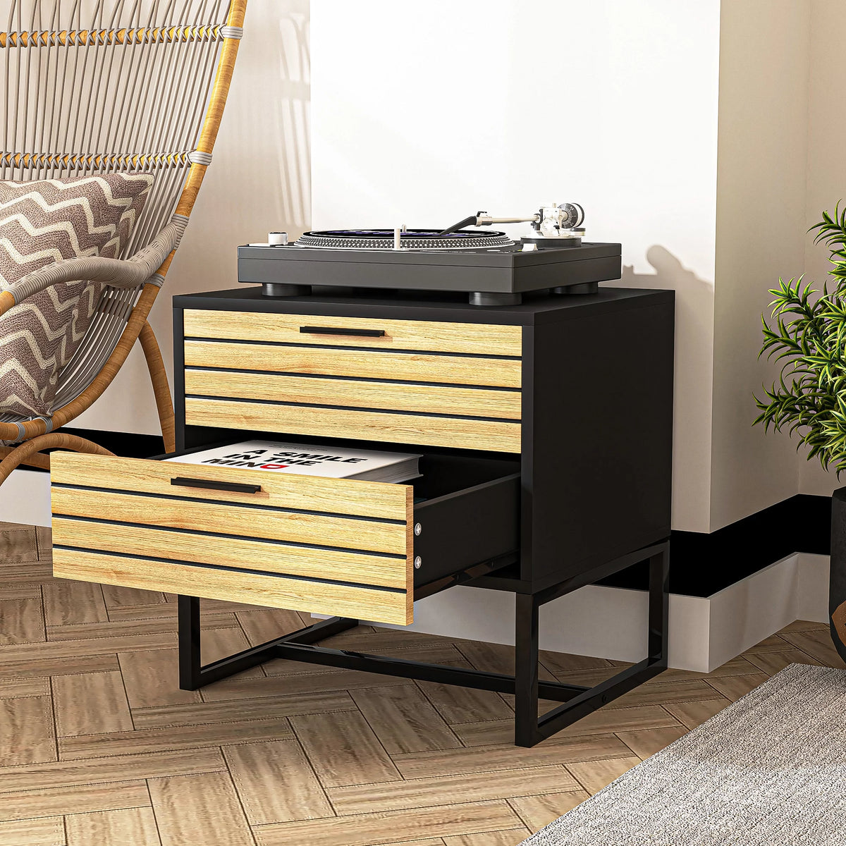 2 Tier Wooden Nightstand with Metal Leg K43294