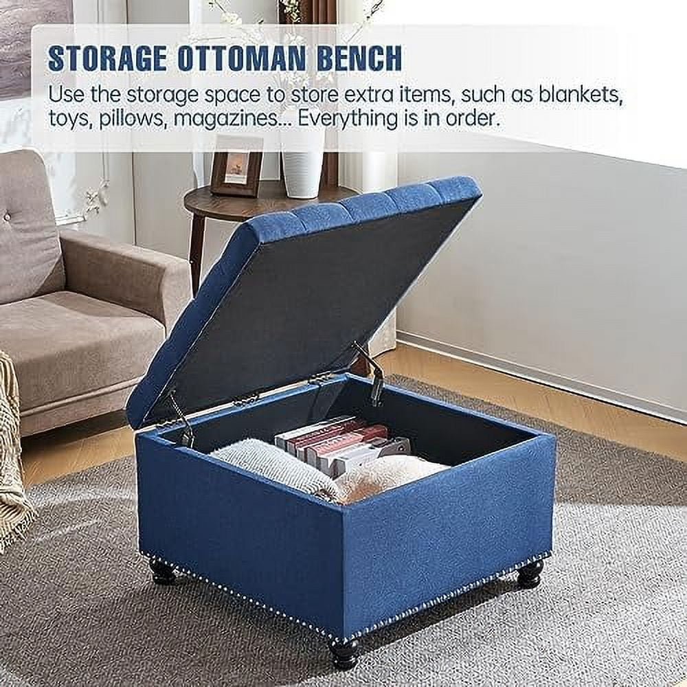 Oversized Linen Ottoman with Wooden Legs A3401