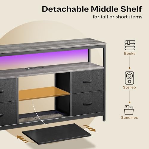 Black 4 Drawer TV Stand Dresser with Power Outlets and LED Lights F39969