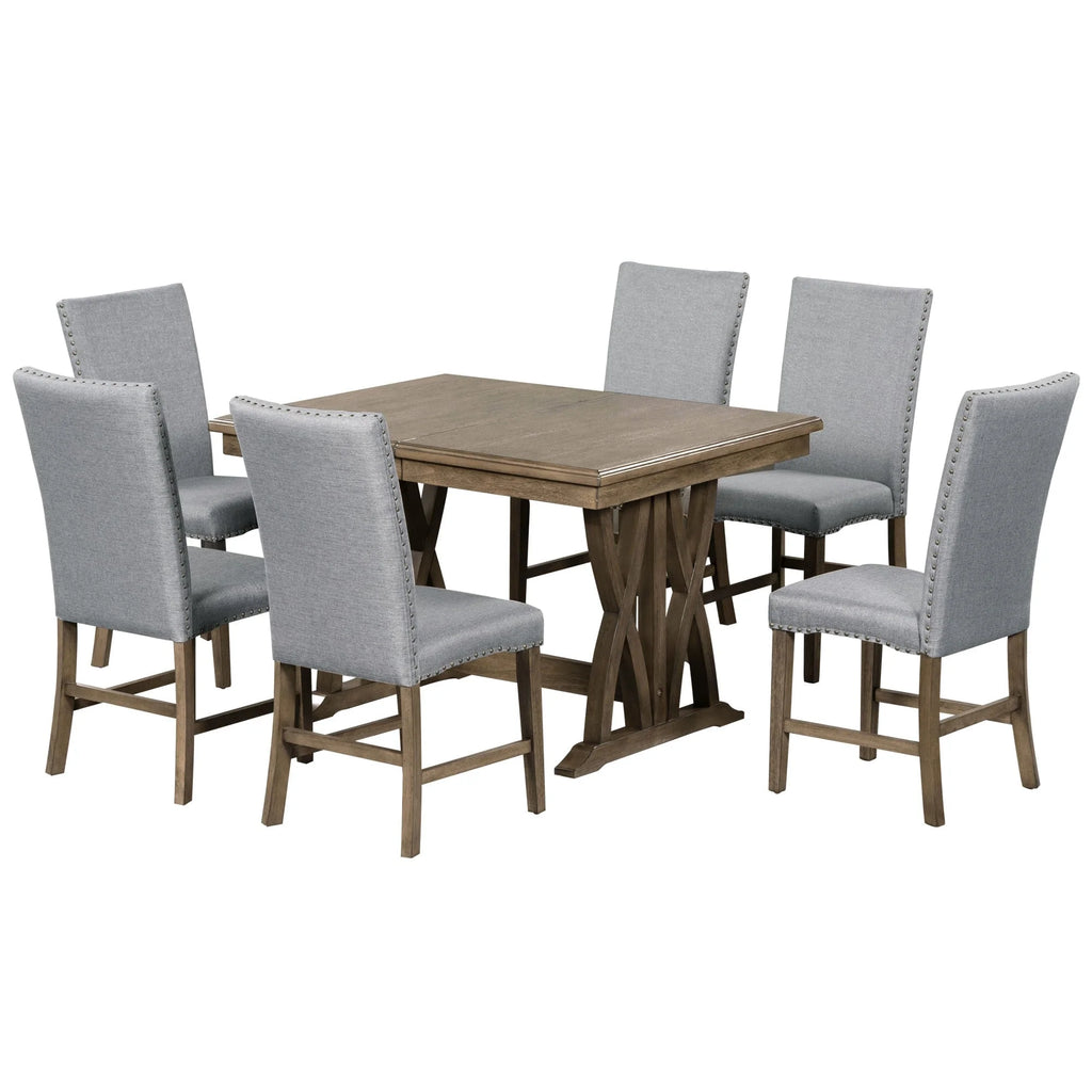 Solid Wood Extendable Dining Table Set for 6 with Upholstered Chairs P21746