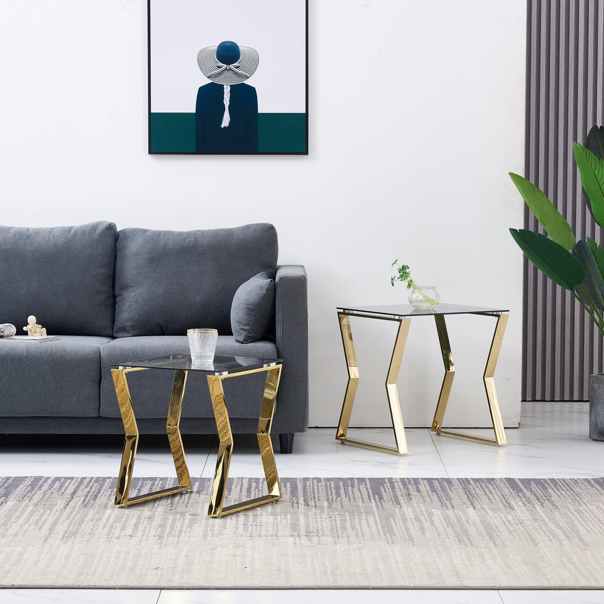 2 Pieces Gold Glass Nesting Tables Stainless Steel Frame Q271108