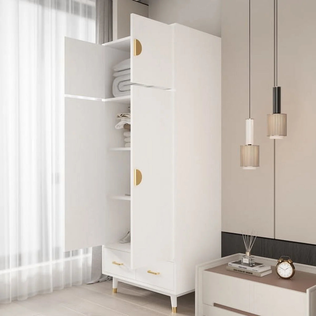 4 Door Wood Wardrobe with Clothing Rod and 2 Drawers, White H652987