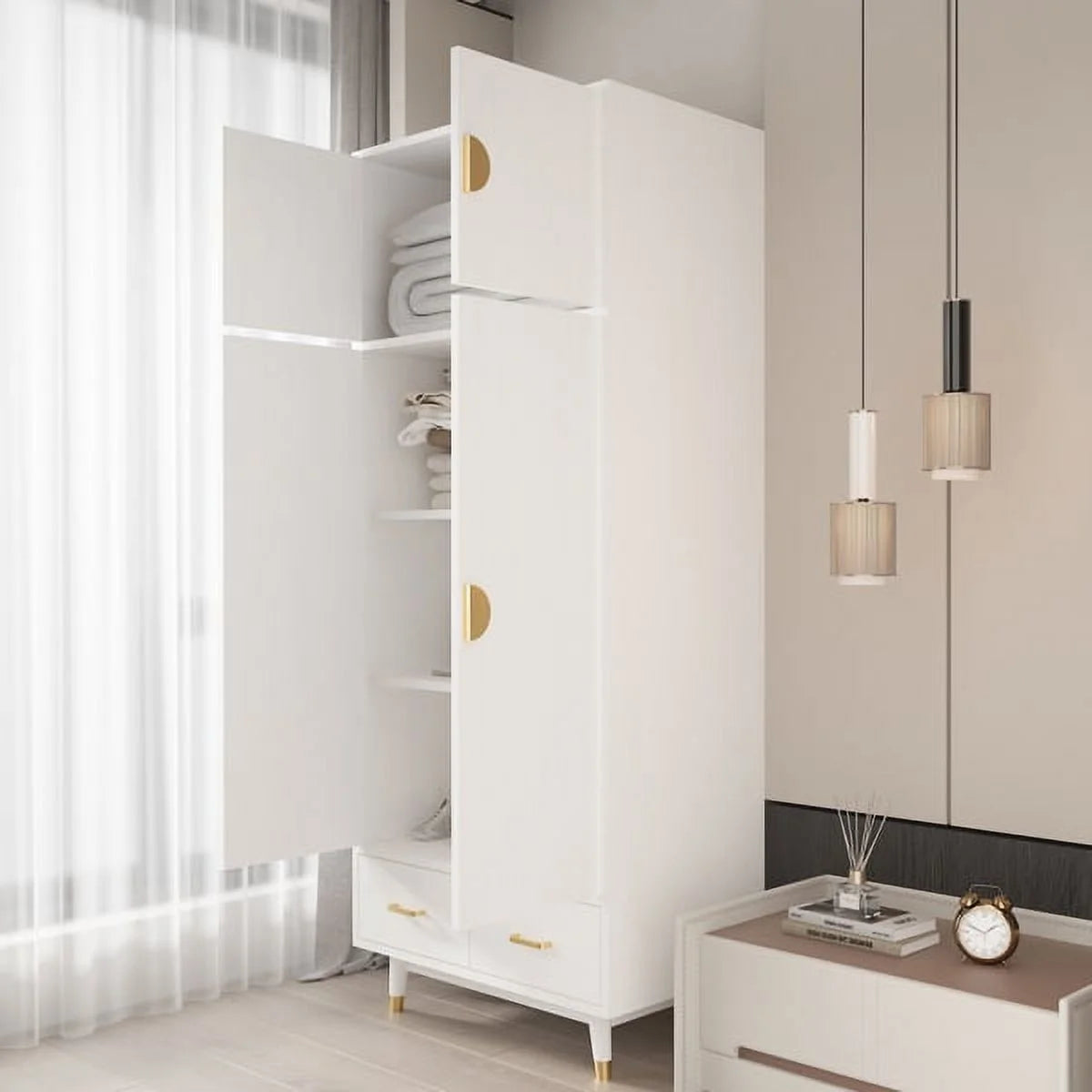 4 Door Wood Wardrobe with Clothing Rod and 2 Drawers, White H652987