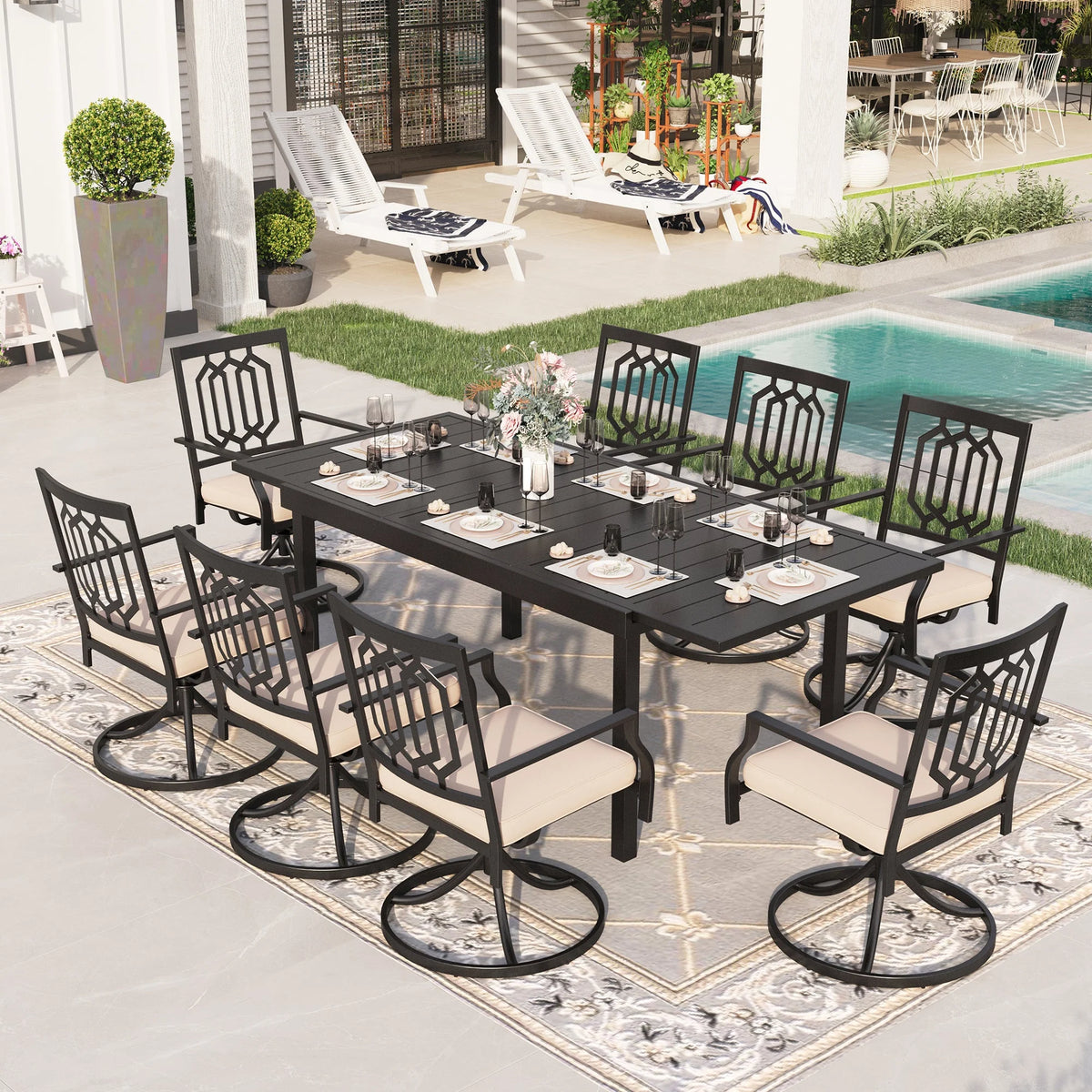 8 Pcs Outdoor Patio Dining Set Swivel Chairs and Extendable Table A33154