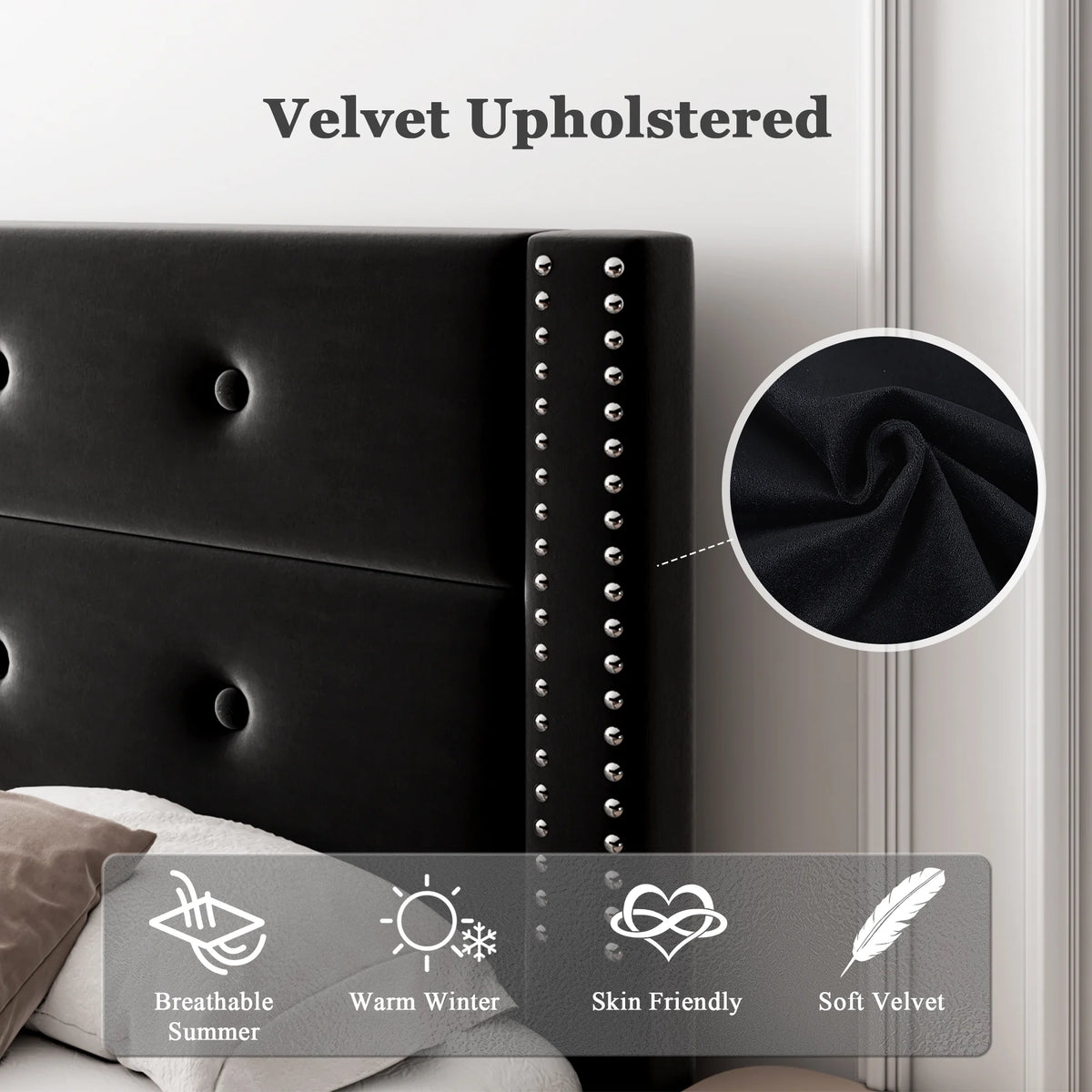 Queen Black Velvet Upholstered Platform Bed Frame with Tufting Headboard Y354668
