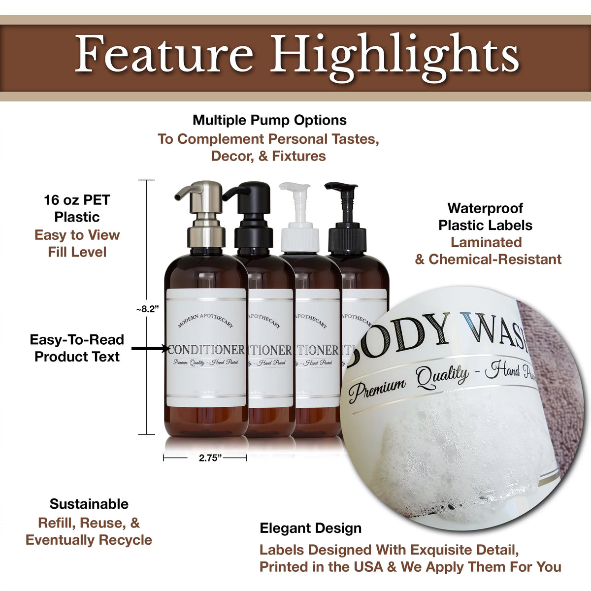 Refillable Body Wash, Shampoo and Conditioner Bottles 16 oz 3 Pack P53313