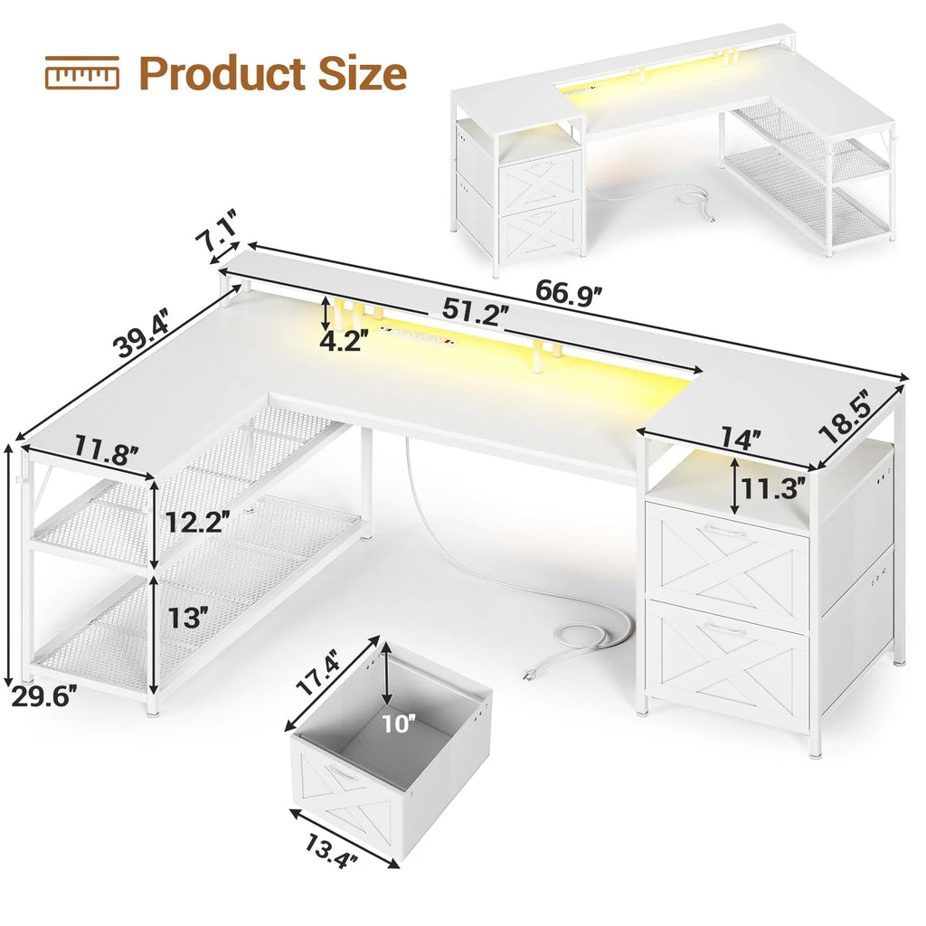L Shaped Desk with Power Outlet and 2 Drawers, White J113
