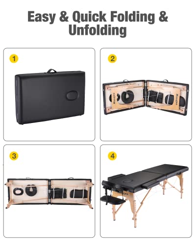 Portable Massage Table Wooden Frame Height Adjustment Black 3-Section H1927