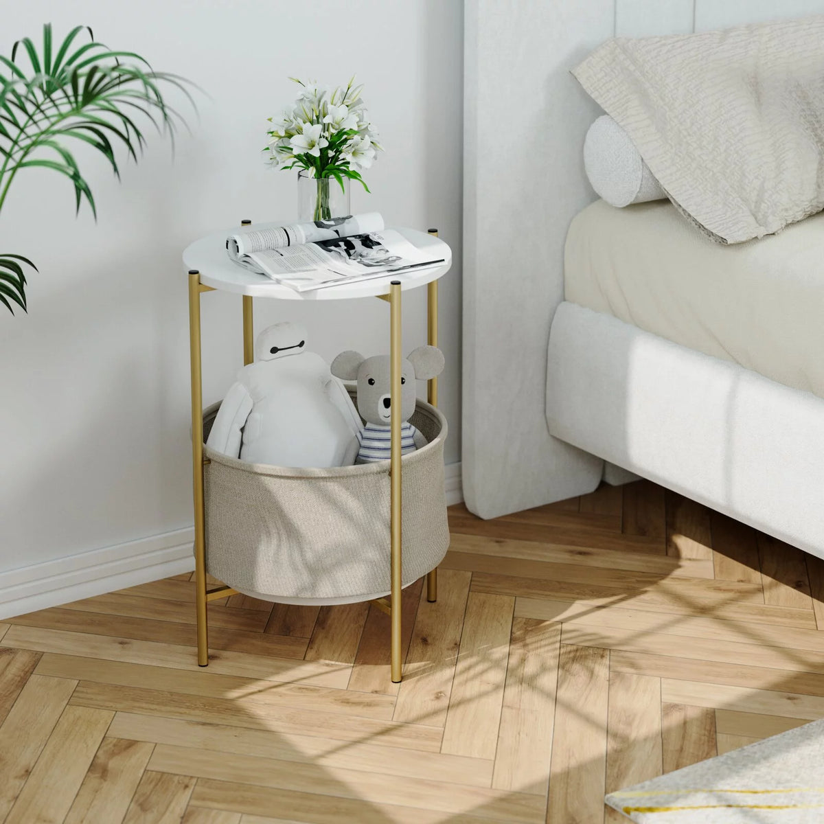 White and Gold Round Nightstand with Storage Pocket R93804