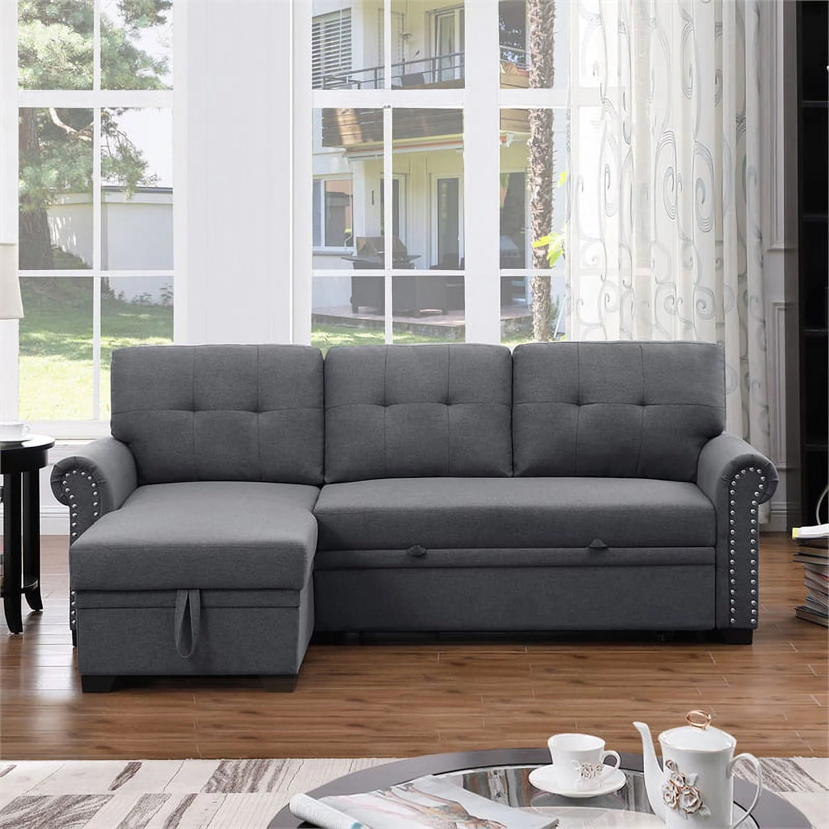 Dark Gray Reversible Fabric Sleeper Sofa with Storage Chaise O805