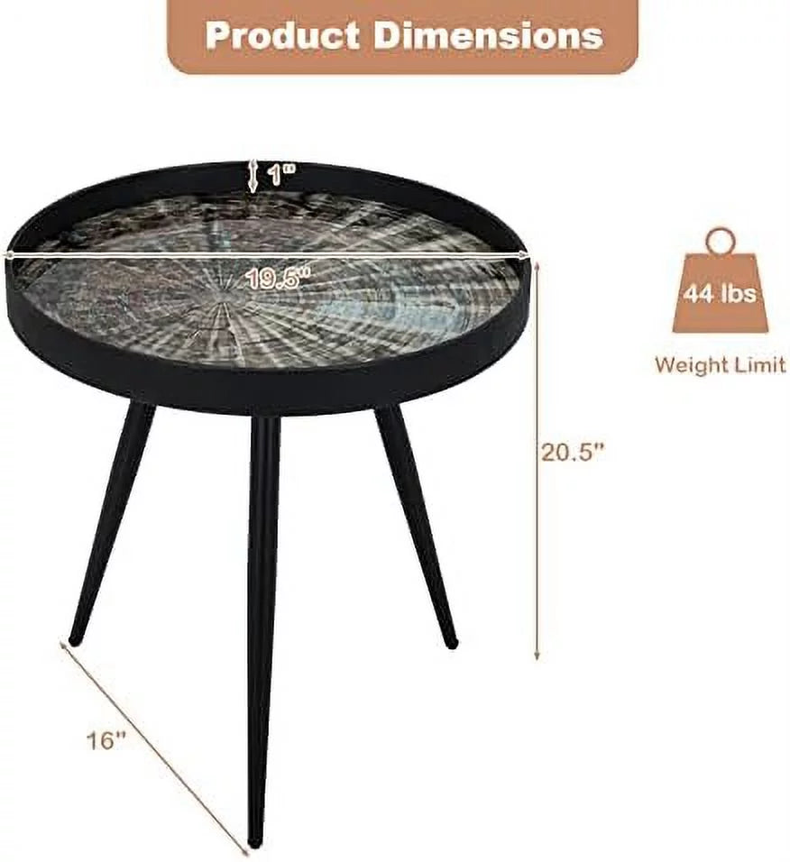 Black Round End Table with Wooden Tray Top and Steel Legs P113213