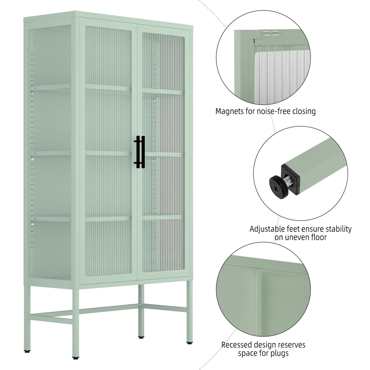 Mint green Double Glass Door Adjustable Shelves Cold-Rolled Steel Storage Cabinet S3617