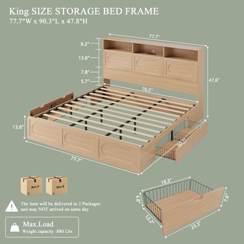 Queen Size Wood Bed Frame with Storage Headboard and 4 Drawers S898