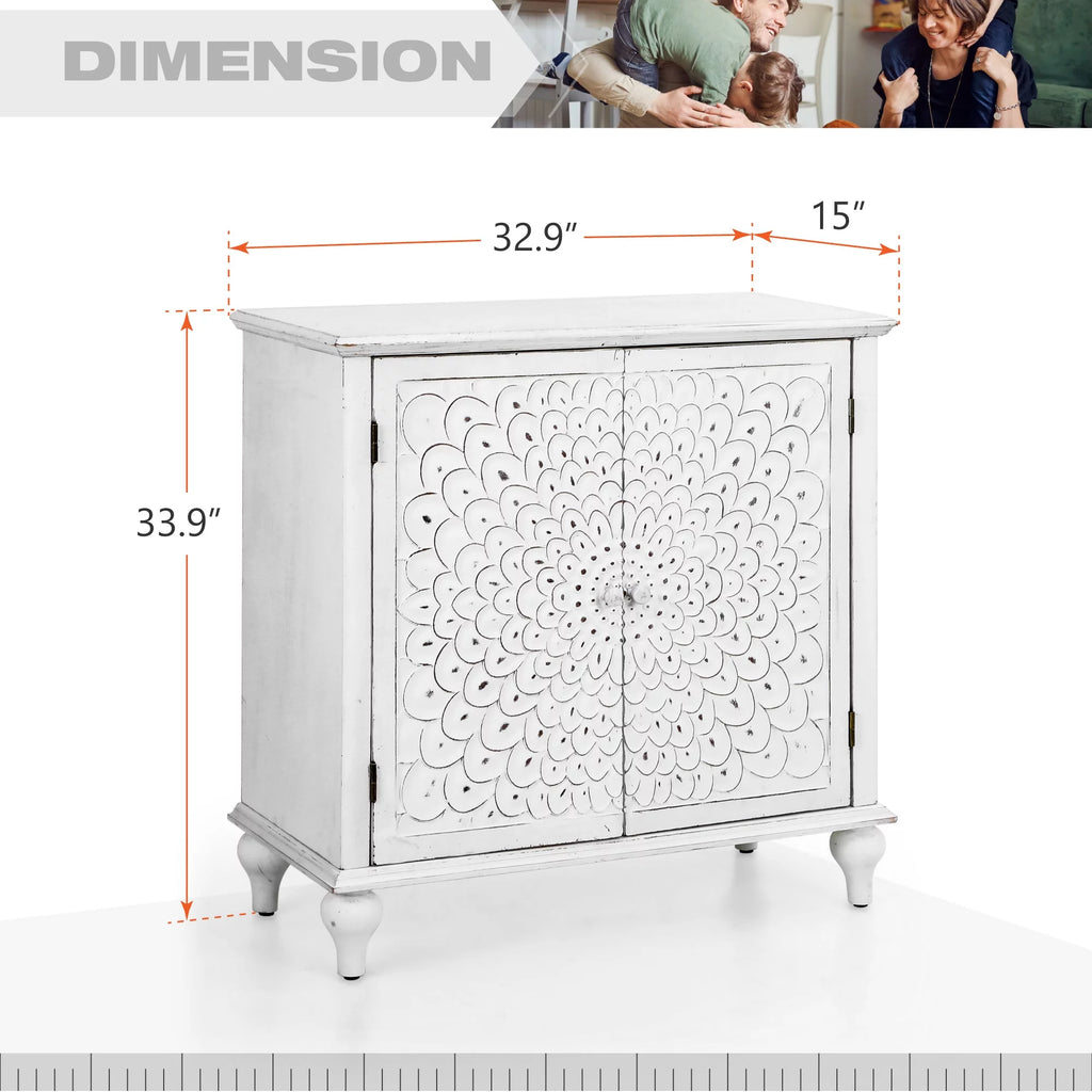 2-Door Retro Storage Cabinet with Carved Finch Feather Pattern White A99397