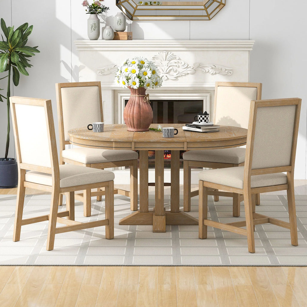 5-Piece Dining Set with Extendable Round Table and 4 Upholstered Chairs G347